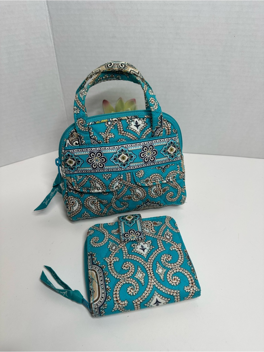 Vera Bradley Teal Paisley Quilted Handbag and Zip Wallet Set